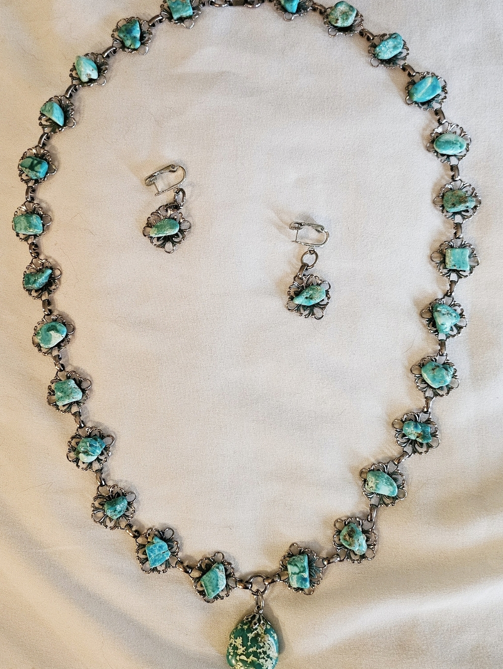 Turquoise Stone Necklace and Earrings Set - Green-Blue Turquoise